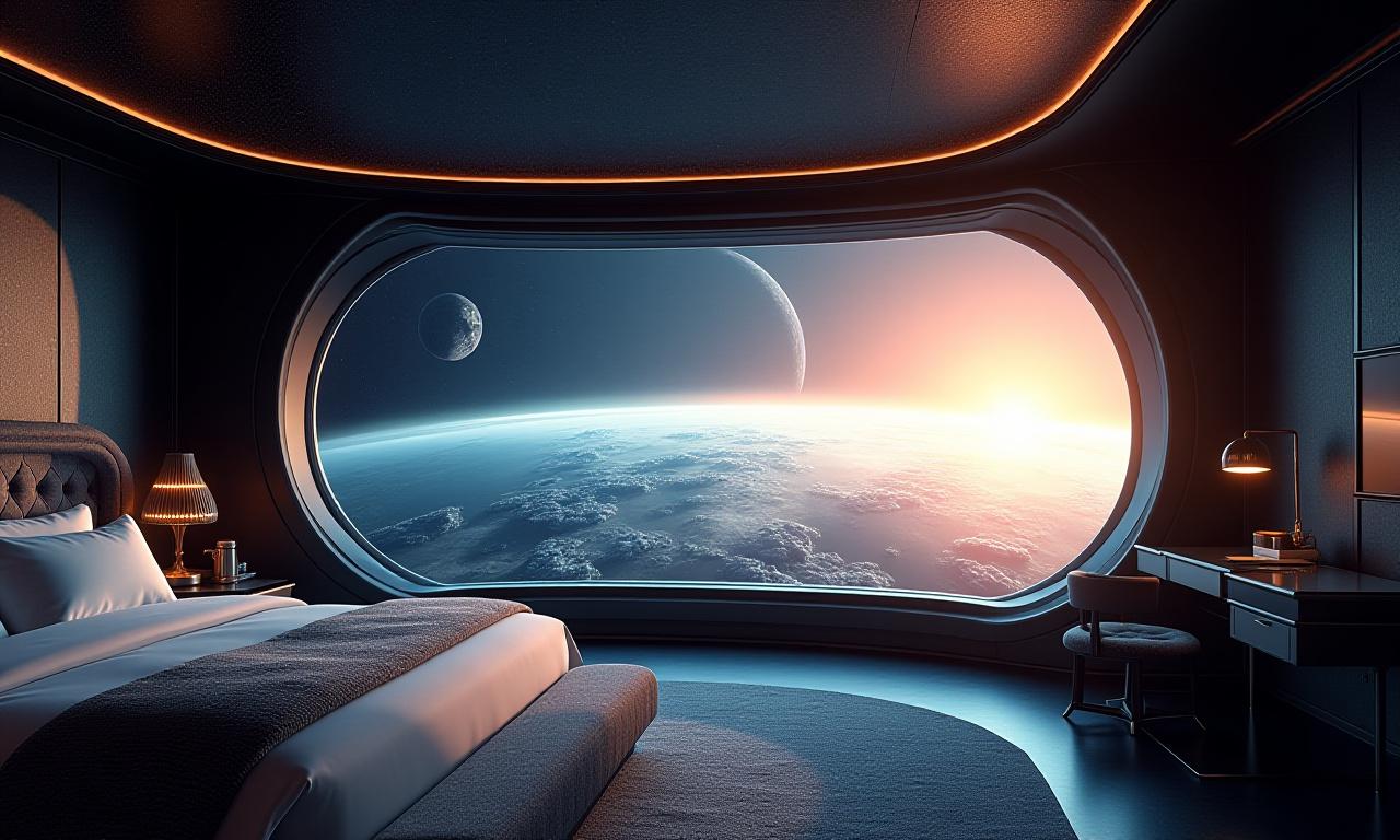 A futuristic luxury hotel suite with a panoramic view of the Earth from orbit