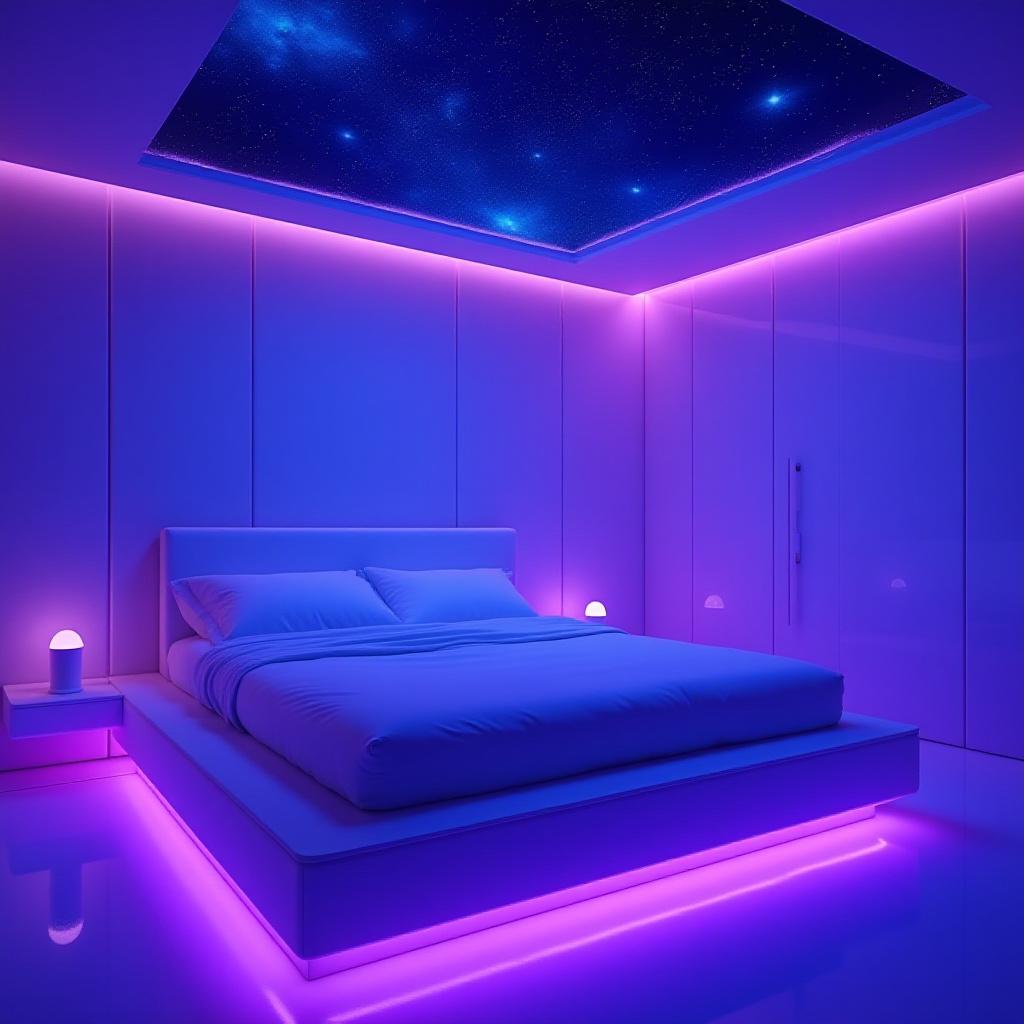 Luxury futuristic space bedroom with star field projection and sleek architecture