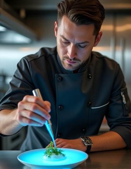 Lead chef plating a molecular gastronomy dish with futuristic tools