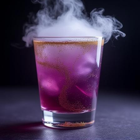 Cosmic themed cocktail with edible glitter and dry ice smoke