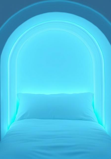 A luxury sleep pod with soft blue glowing lights